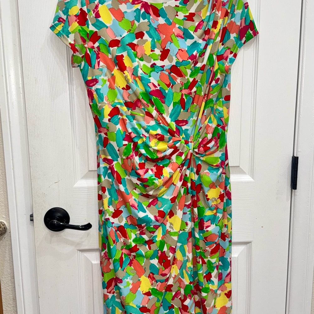Ellen Tracy Green and Red Asymmetrical Ruched Midi Dress